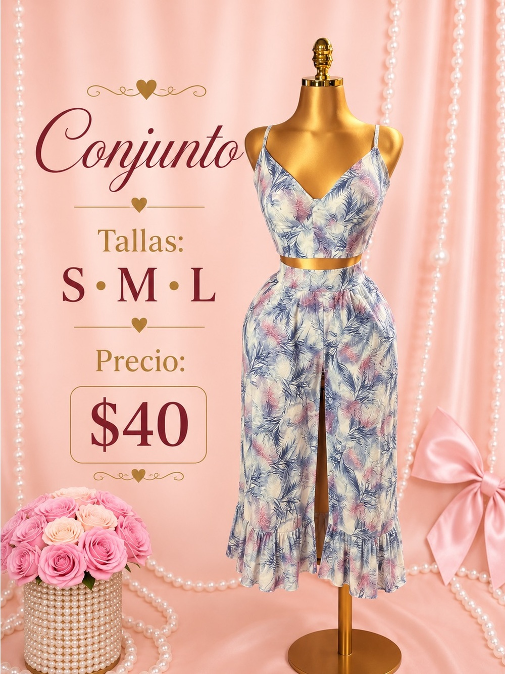 Floral two piece Set with Front Slit - Blue/Pink S/M/L